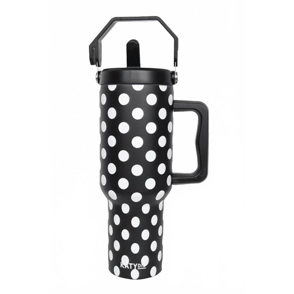 NEW KATYDID women's stainless steel tumbler 38 oz in black and white polka dot